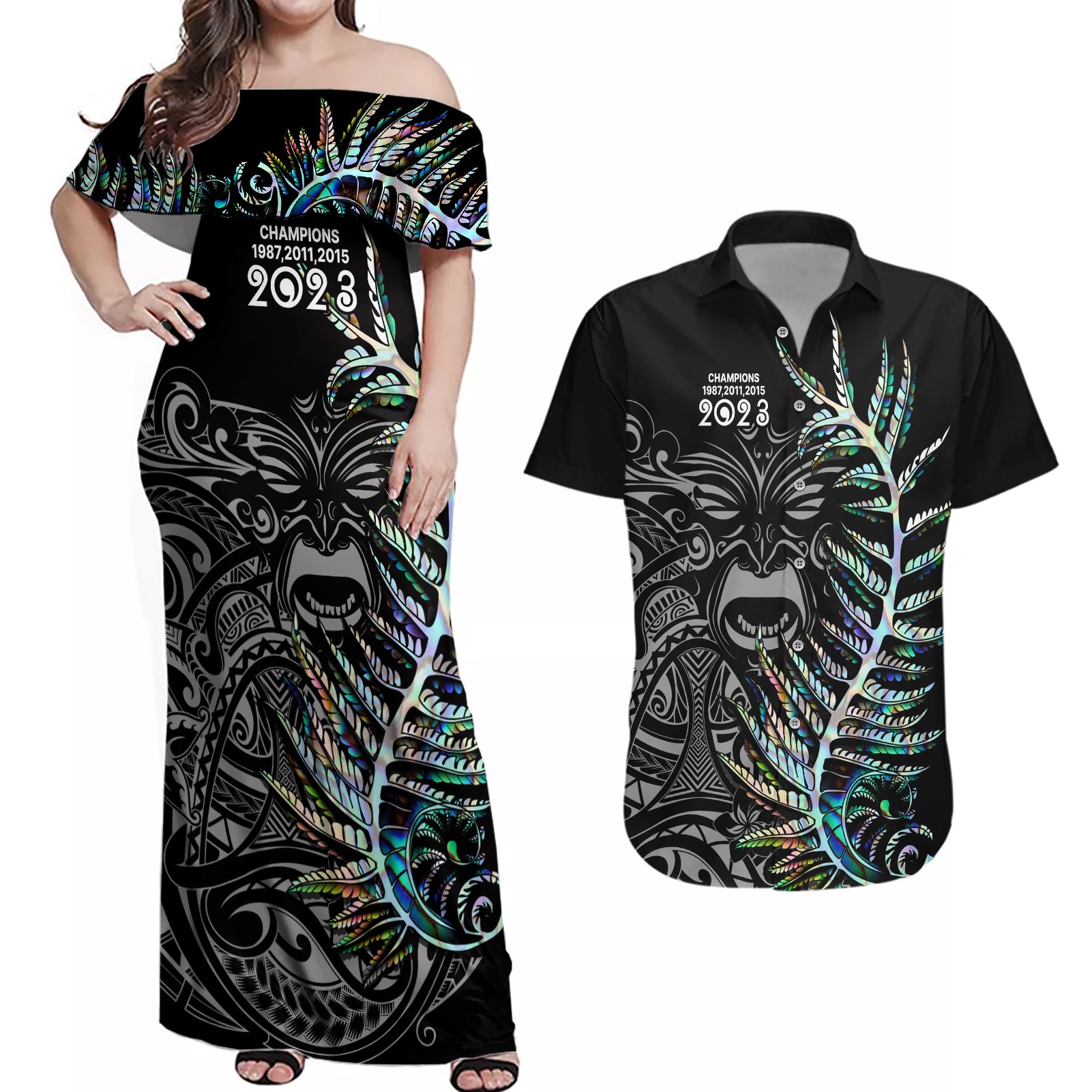 New Zealand Rugby Couples Matching Off Shoulder Maxi Dress and Hawaiian Shirt NZ Black Fern Champions History With Papua Shell LT9 Black - Polynesian Pride