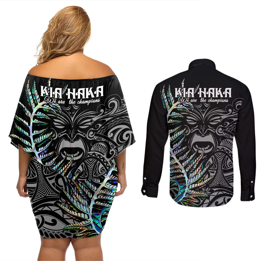 New Zealand Rugby Couples Matching Off Shoulder Short Dress and Long Sleeve Button Shirt NZ Black Fern Champions History With Papua Shell LT9 - Polynesian Pride
