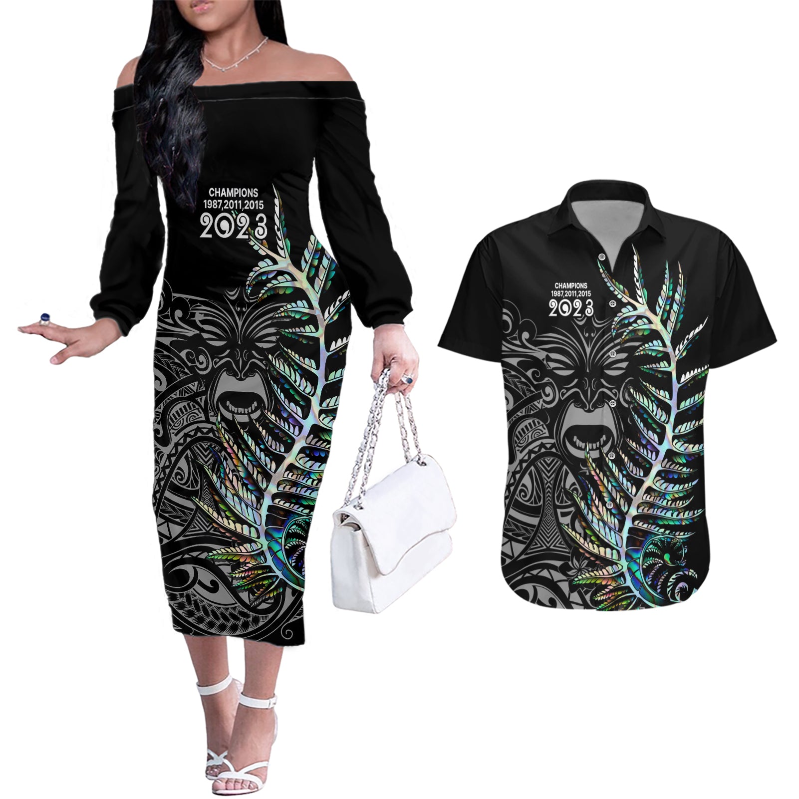 New Zealand Rugby Couples Matching Off The Shoulder Long Sleeve Dress and Hawaiian Shirt NZ Black Fern Champions History With Papua Shell LT9 Black - Polynesian Pride