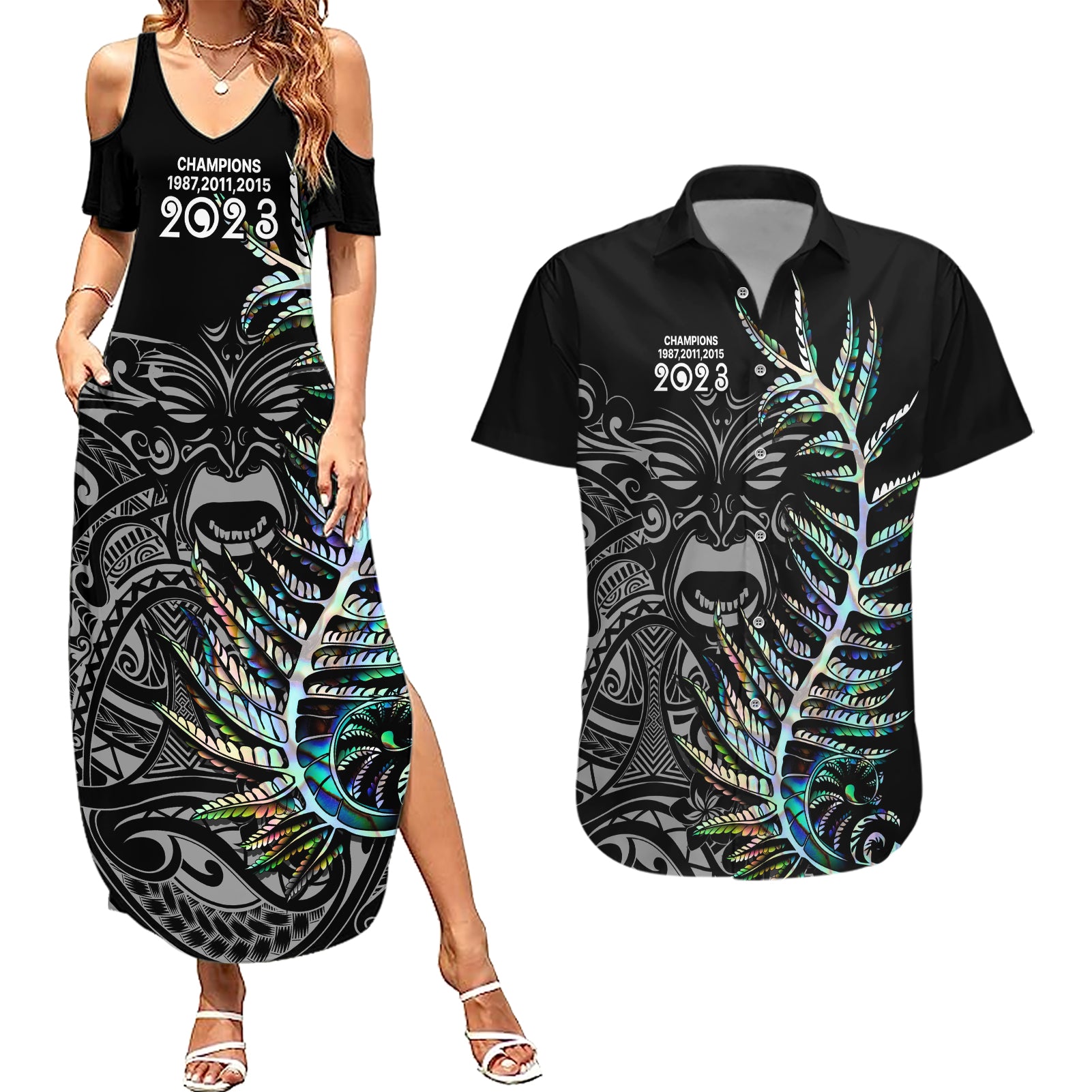 New Zealand Rugby Couples Matching Summer Maxi Dress and Hawaiian Shirt NZ Black Fern Champions History With Papua Shell LT9 Black - Polynesian Pride