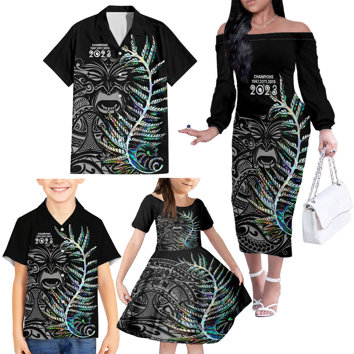 New Zealand Rugby Family Matching Off Shoulder Long Sleeve Dress and Hawaiian Shirt NZ Black Fern Champions History With Papua Shell LT9 - Polynesian Pride