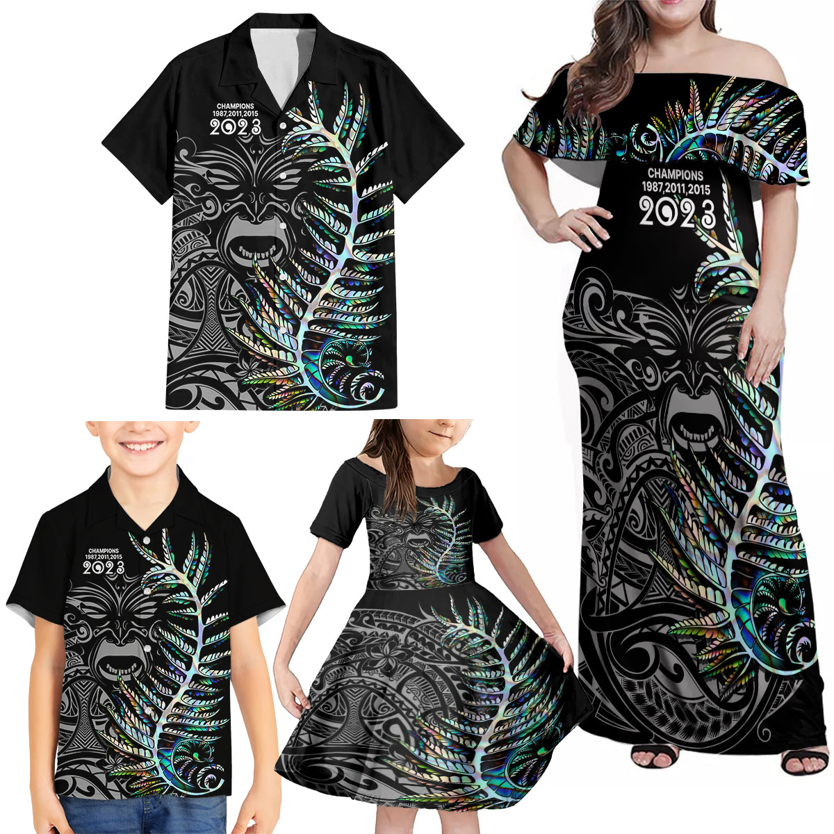 New Zealand Rugby Family Matching Off Shoulder Maxi Dress and Hawaiian Shirt NZ Black Fern Champions History With Papua Shell LT9 - Polynesian Pride