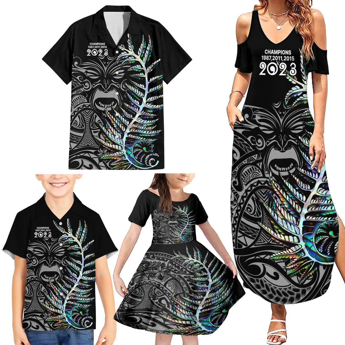 New Zealand Rugby Family Matching Summer Maxi Dress and Hawaiian Shirt NZ Black Fern Champions History With Papua Shell LT9 - Polynesian Pride