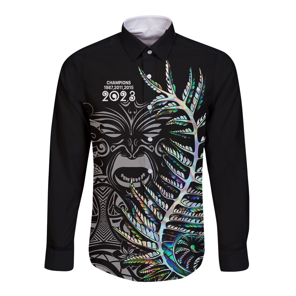 New Zealand Rugby Long Sleeve Button Shirt NZ Black Fern Champions History With Papua Shell LT9 Unisex Black - Polynesian Pride