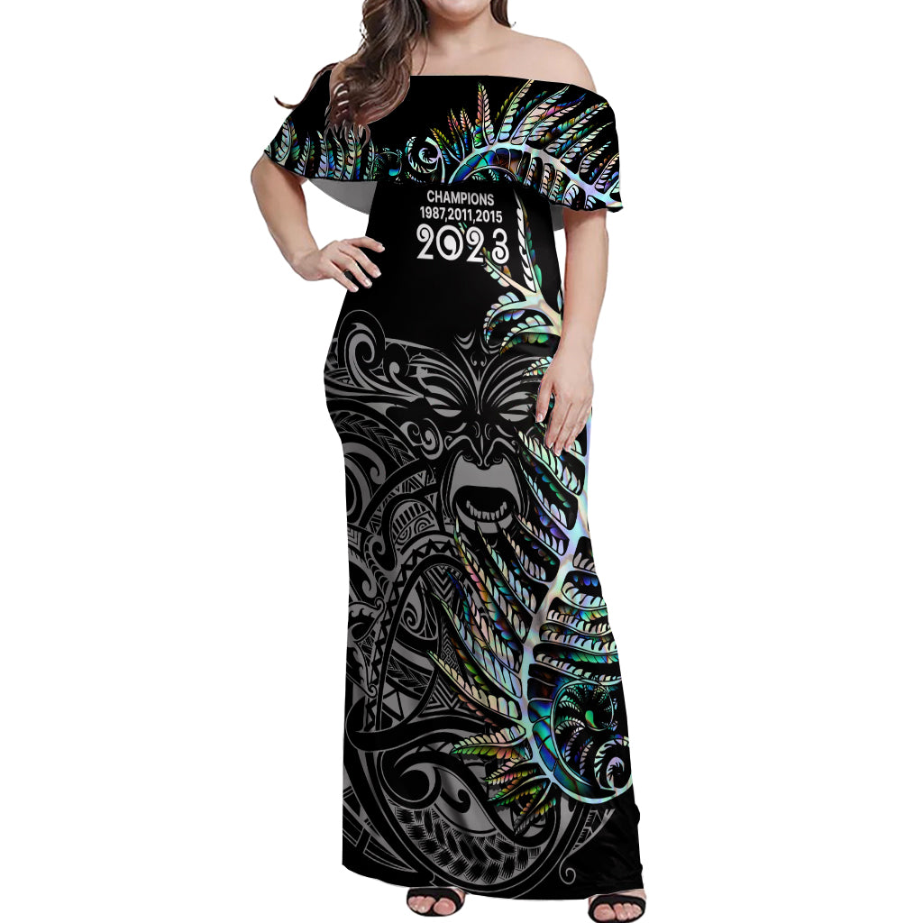 New Zealand Rugby Off Shoulder Maxi Dress NZ Black Fern Champions History With Papua Shell LT9 Women Black - Polynesian Pride