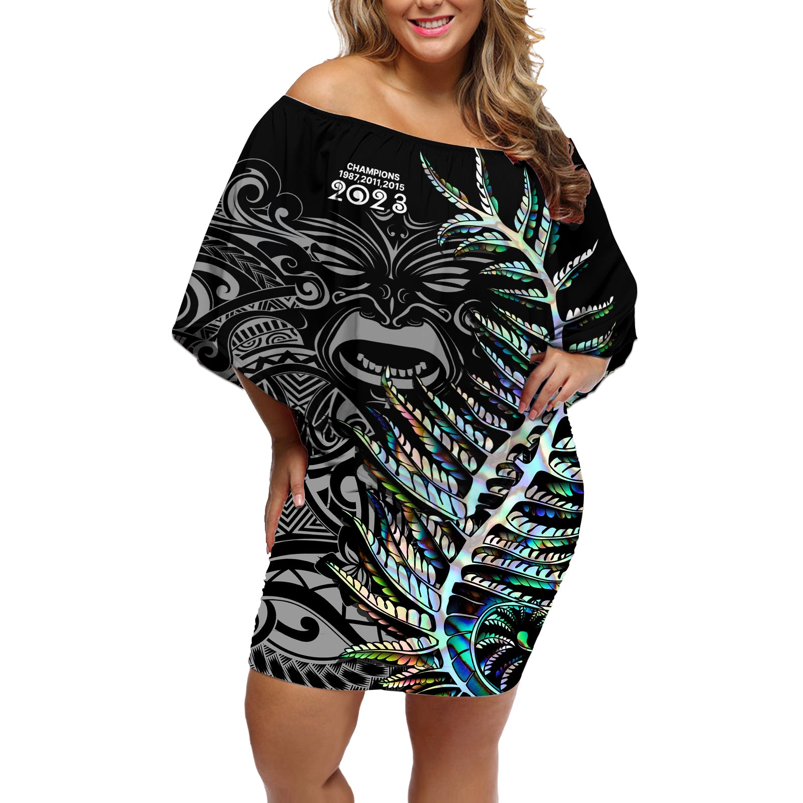 New Zealand Rugby Off Shoulder Short Dress NZ Black Fern Champions History With Papua Shell LT9 Women Black - Polynesian Pride