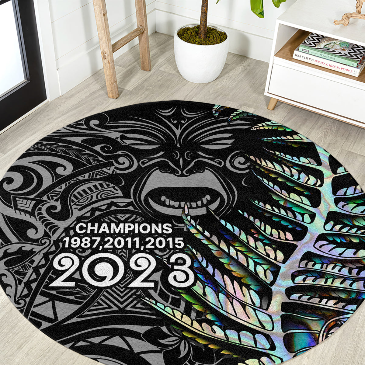 New Zealand Rugby Round Carpet NZ Black Fern Champions History With Papua Shell LT9 Black - Polynesian Pride