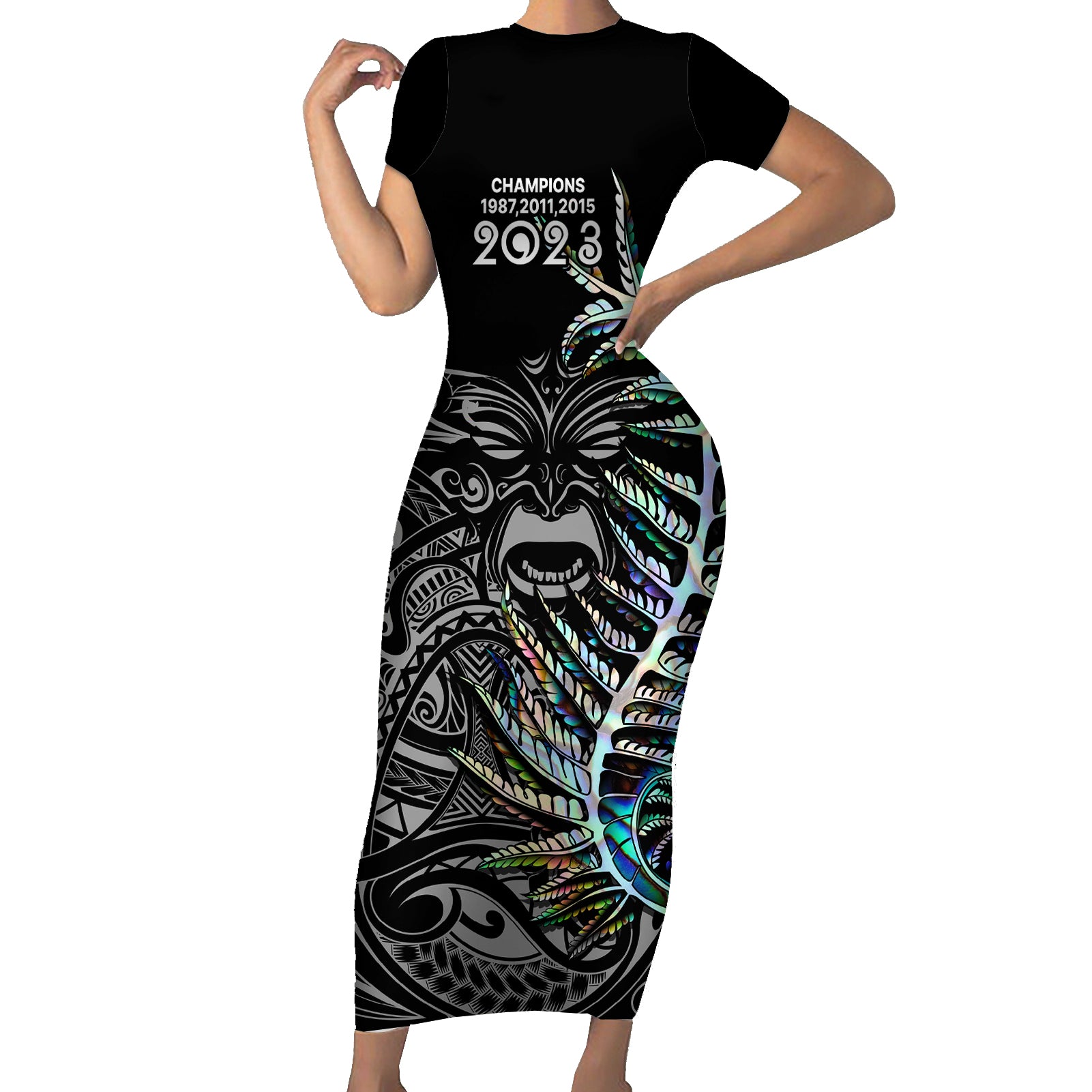 New Zealand Rugby Short Sleeve Bodycon Dress NZ Black Fern Champions History With Papua Shell LT9 Long Dress Black - Polynesian Pride