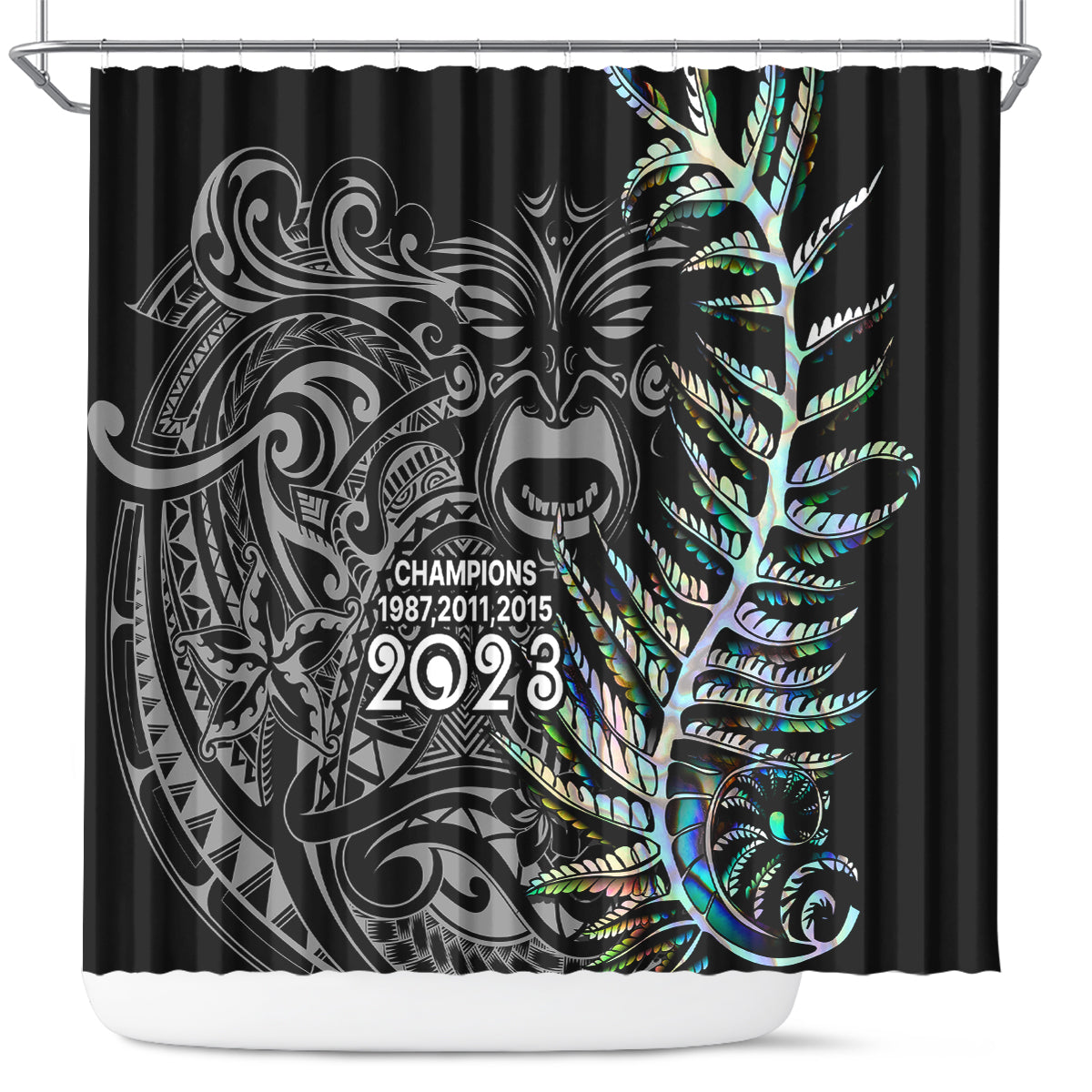 New Zealand Rugby Shower Curtain NZ Black Fern Champions History With Papua Shell LT9 Black - Polynesian Pride