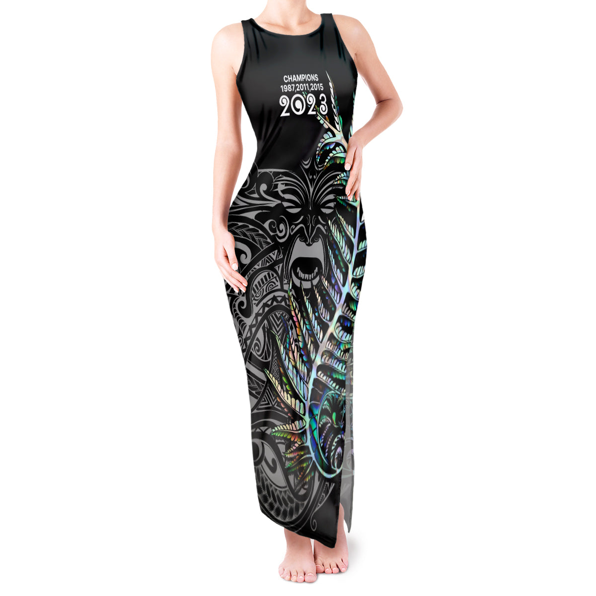 New Zealand Rugby Tank Maxi Dress NZ Black Fern Champions History With Papua Shell LT9 Women Black - Polynesian Pride