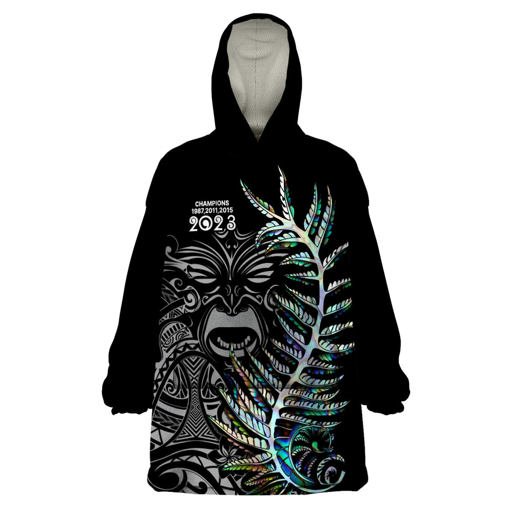 New Zealand Rugby Wearable Blanket Hoodie NZ Black Fern Champions History With Papua Shell LT9 One Size Black - Polynesian Pride