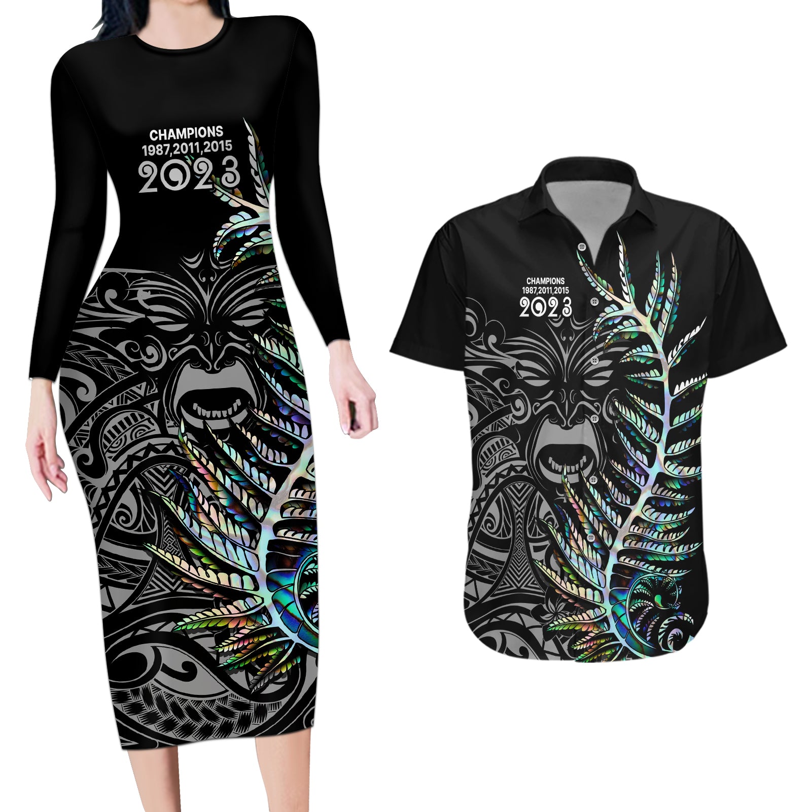 Custom New Zealand Rugby Couples Matching Long Sleeve Bodycon Dress and Hawaiian Shirt NZ Black Fern Champions History With Papua Shell LT9 Black - Polynesian Pride