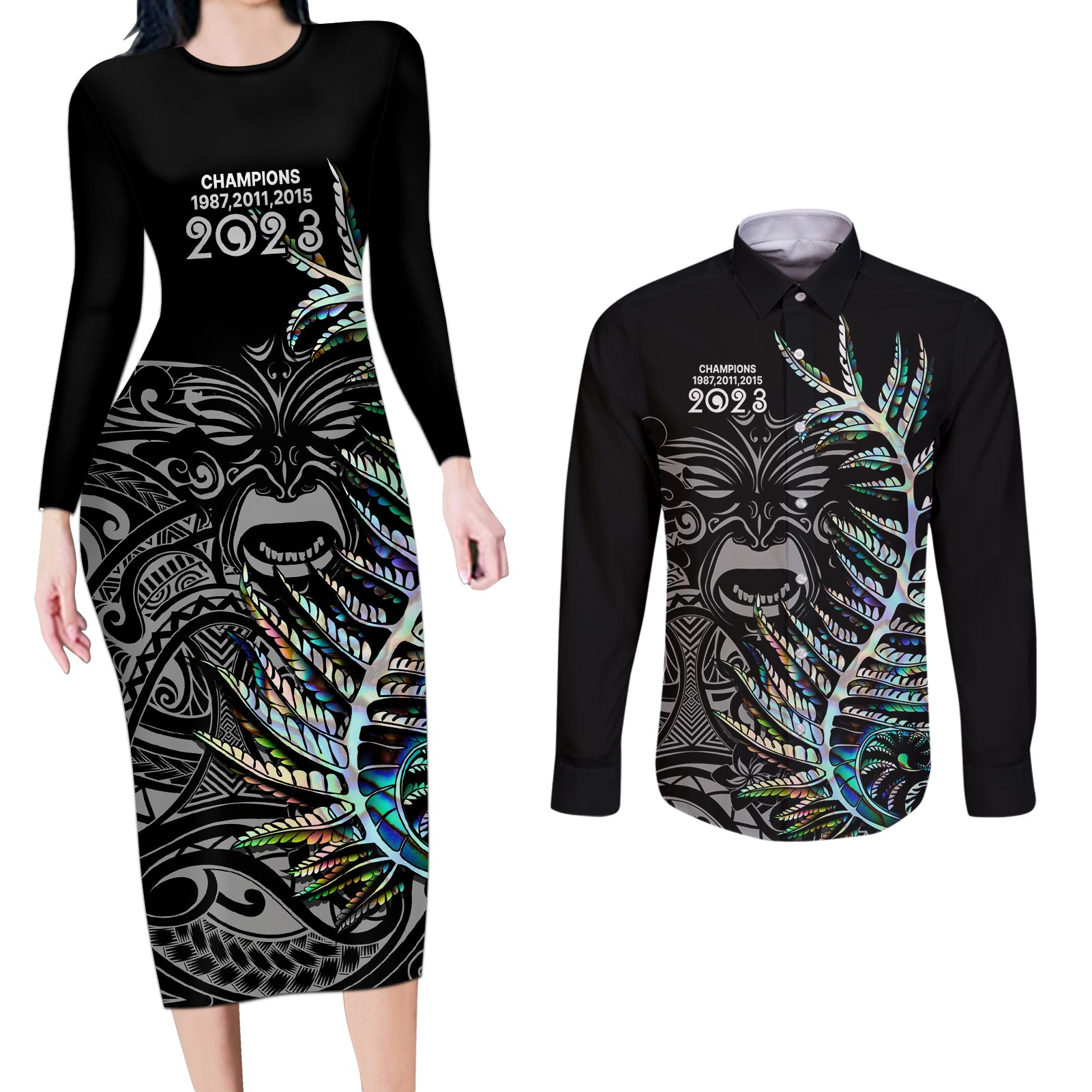 Custom New Zealand Rugby Couples Matching Long Sleeve Bodycon Dress and Long Sleeve Button Shirt NZ Black Fern Champions History With Papua Shell LT9 Black - Polynesian Pride