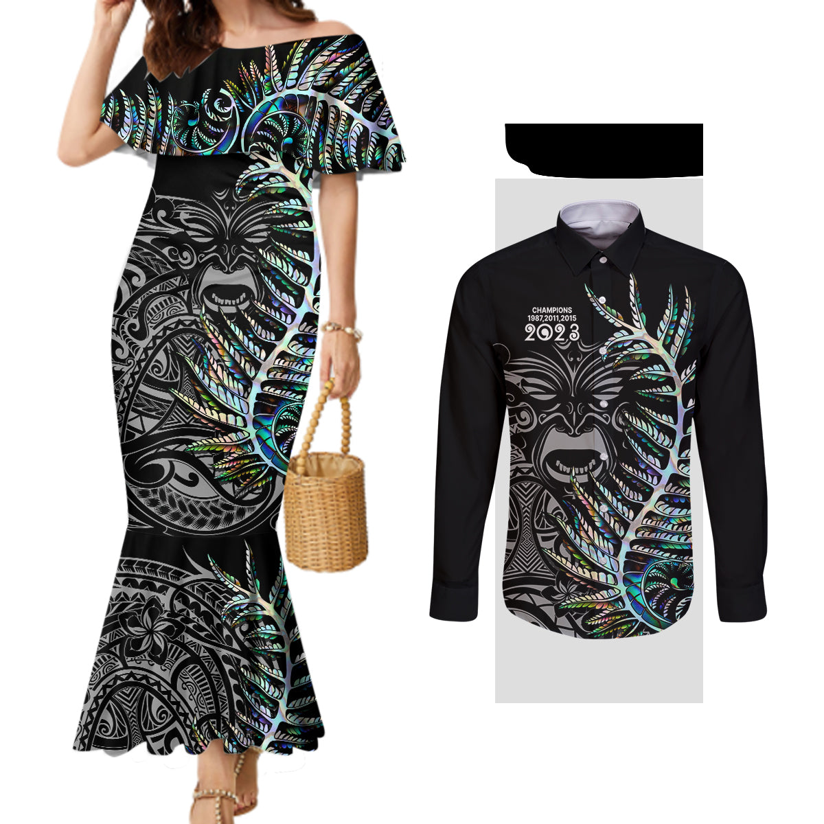 Custom New Zealand Rugby Couples Matching Mermaid Dress and Long Sleeve Button Shirt NZ Black Fern Champions History With Papua Shell LT9 Black - Polynesian Pride