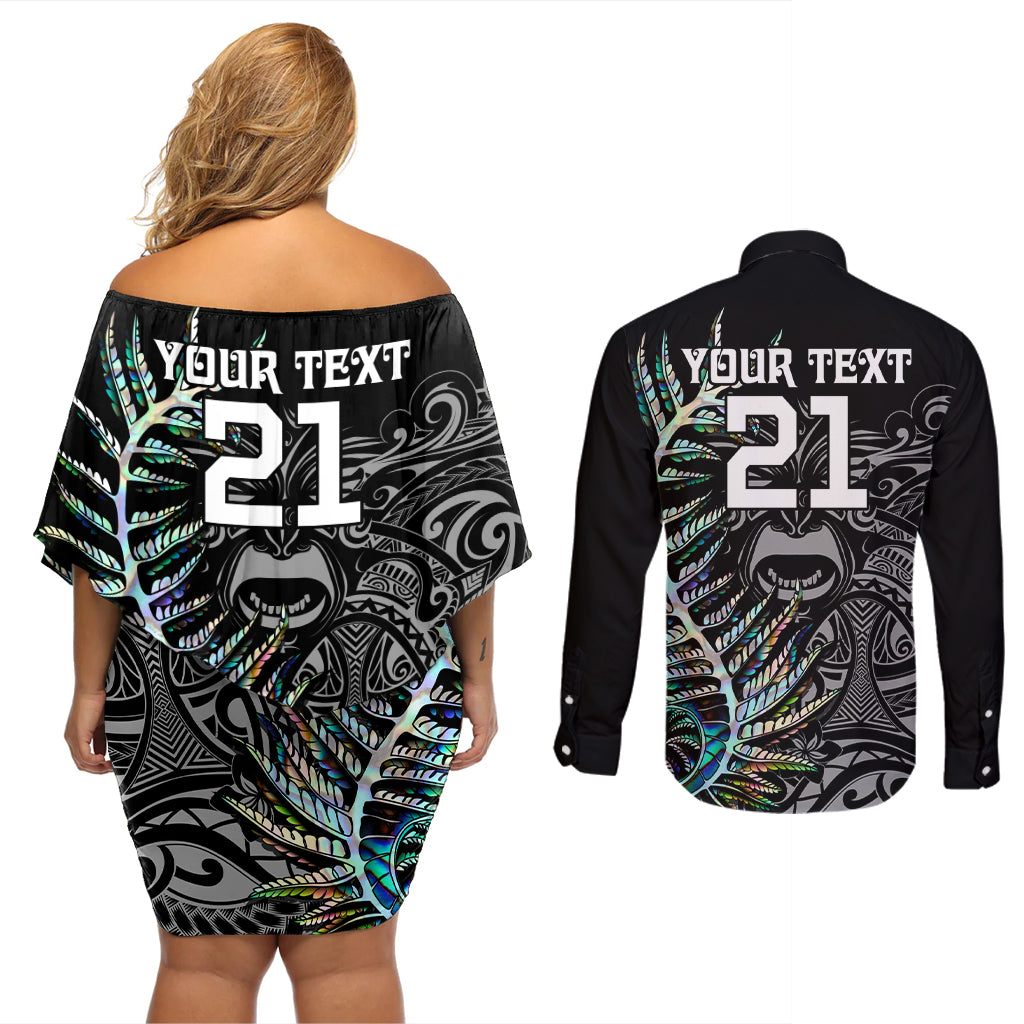 Custom New Zealand Rugby Couples Matching Off Shoulder Short Dress and Long Sleeve Button Shirt NZ Black Fern Champions History With Papua Shell LT9 - Polynesian Pride