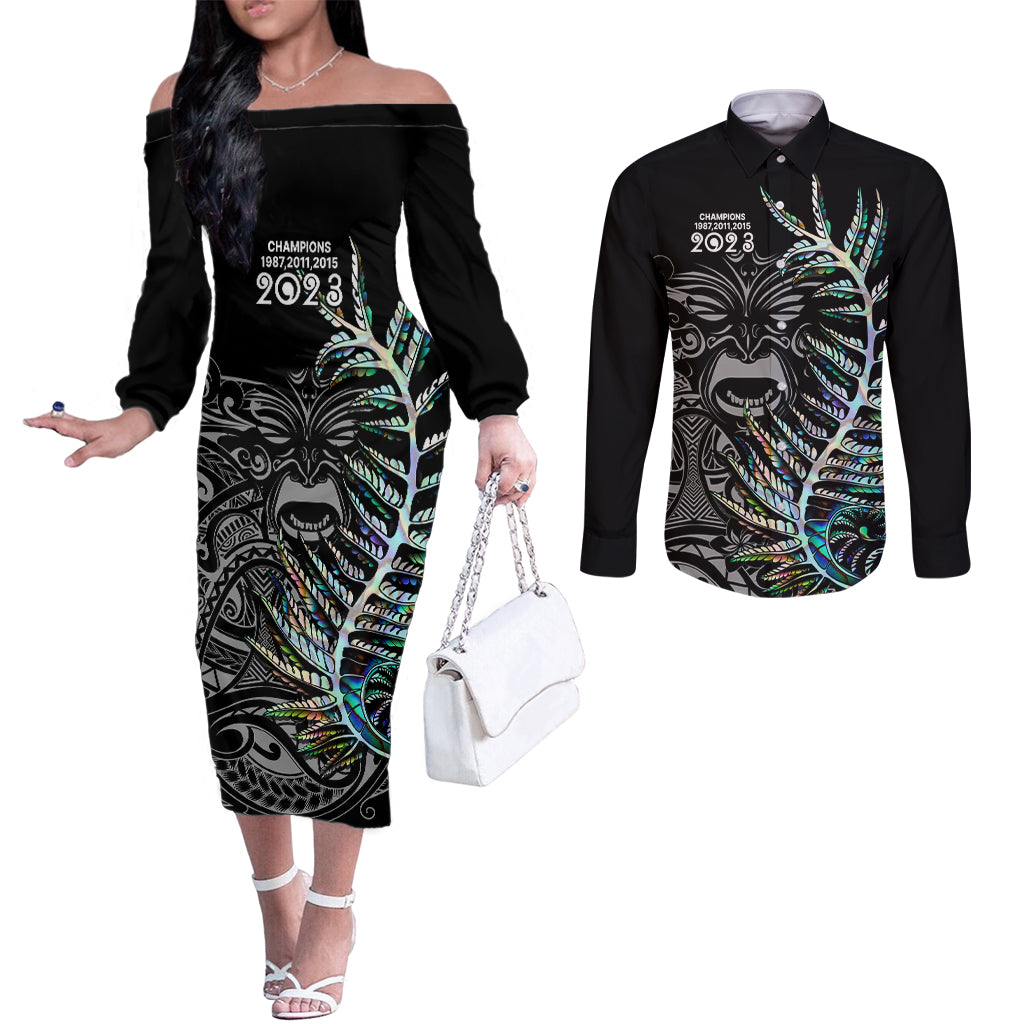 Custom New Zealand Rugby Couples Matching Off The Shoulder Long Sleeve Dress and Long Sleeve Button Shirt NZ Black Fern Champions History With Papua Shell LT9 Black - Polynesian Pride