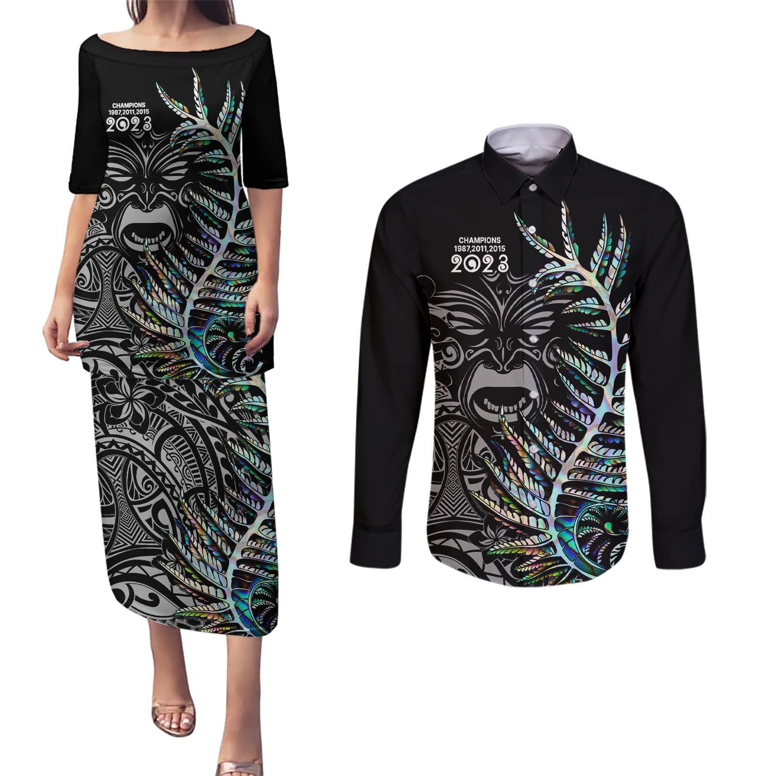 Custom New Zealand Rugby Couples Matching Puletasi Dress and Long Sleeve Button Shirt NZ Black Fern Champions History With Papua Shell LT9 Black - Polynesian Pride