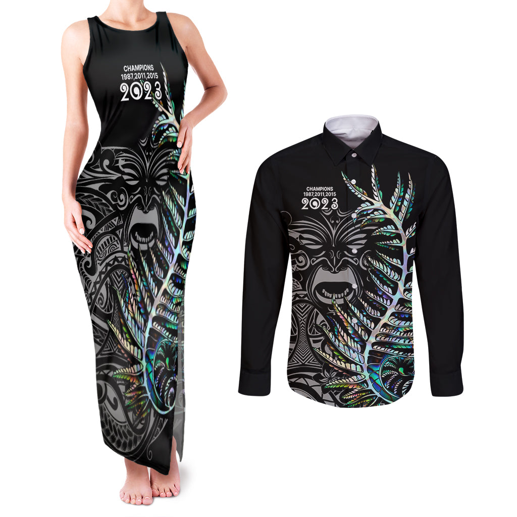 Custom New Zealand Rugby Couples Matching Tank Maxi Dress and Long Sleeve Button Shirt NZ Black Fern Champions History With Papua Shell LT9 Black - Polynesian Pride