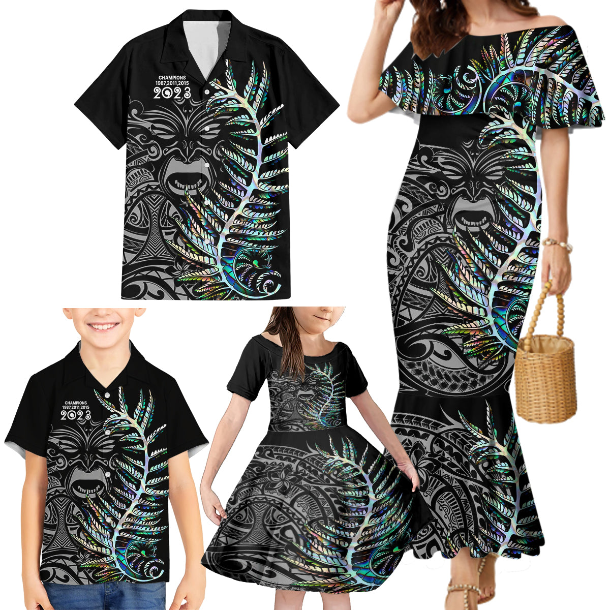 Custom New Zealand Rugby Family Matching Mermaid Dress and Hawaiian Shirt NZ Black Fern Champions History With Papua Shell LT9 - Polynesian Pride