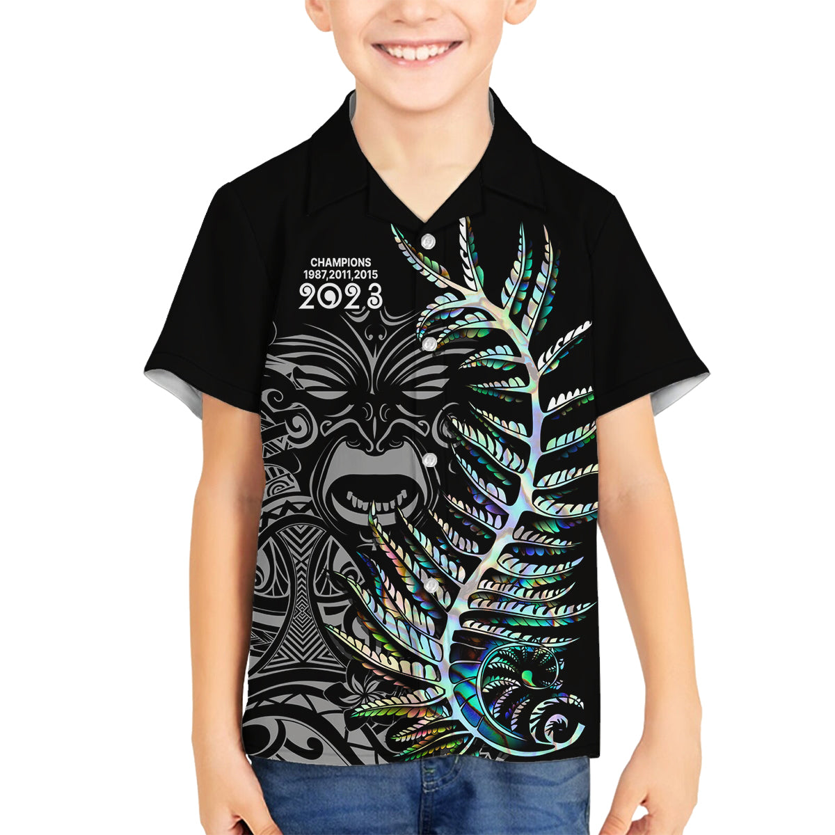 Custom New Zealand Rugby Family Matching Off Shoulder Short Dress and Hawaiian Shirt NZ Black Fern Champions History With Papua Shell LT9 Son's Shirt Black - Polynesian Pride