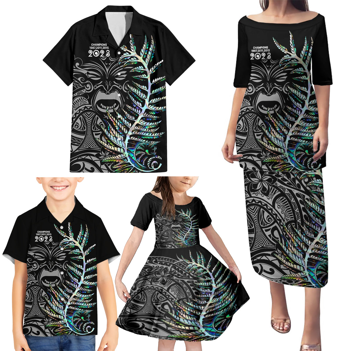 Custom New Zealand Rugby Family Matching Puletasi Dress and Hawaiian Shirt NZ Black Fern Champions History With Papua Shell LT9 - Polynesian Pride