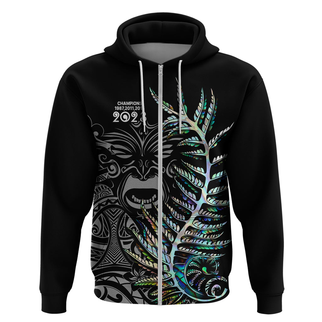 Custom New Zealand Rugby Hoodie NZ Black Fern Champions History With Papua Shell LT9 Zip Hoodie Black - Polynesian Pride