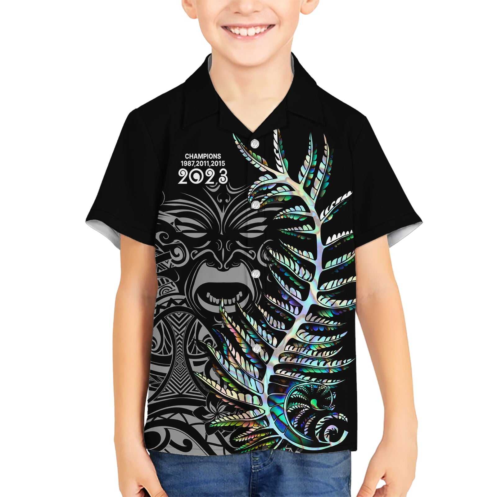 Custom New Zealand Rugby Kid Hawaiian Shirt NZ Black Fern Champions History With Papua Shell LT9 Kid Black - Polynesian Pride