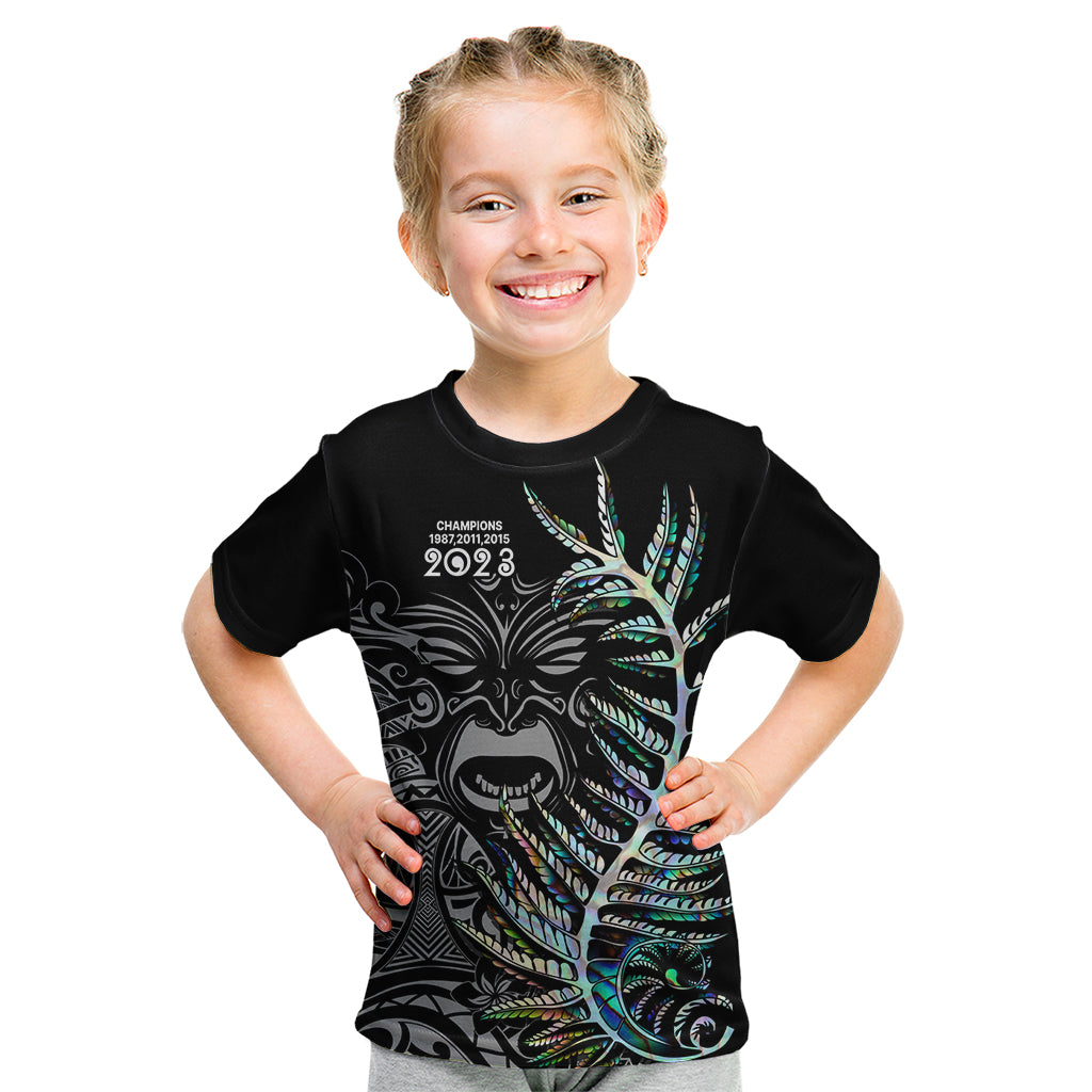 Custom New Zealand Rugby Kid T Shirt NZ Black Fern Champions History With Papua Shell LT9 Black - Polynesian Pride