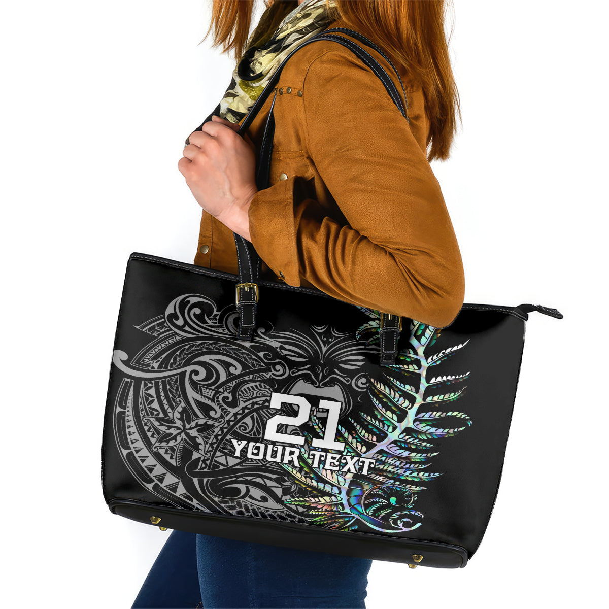 Custom New Zealand Rugby Leather Tote Bag NZ Black Fern Champions History With Papua Shell LT9 Black - Polynesian Pride