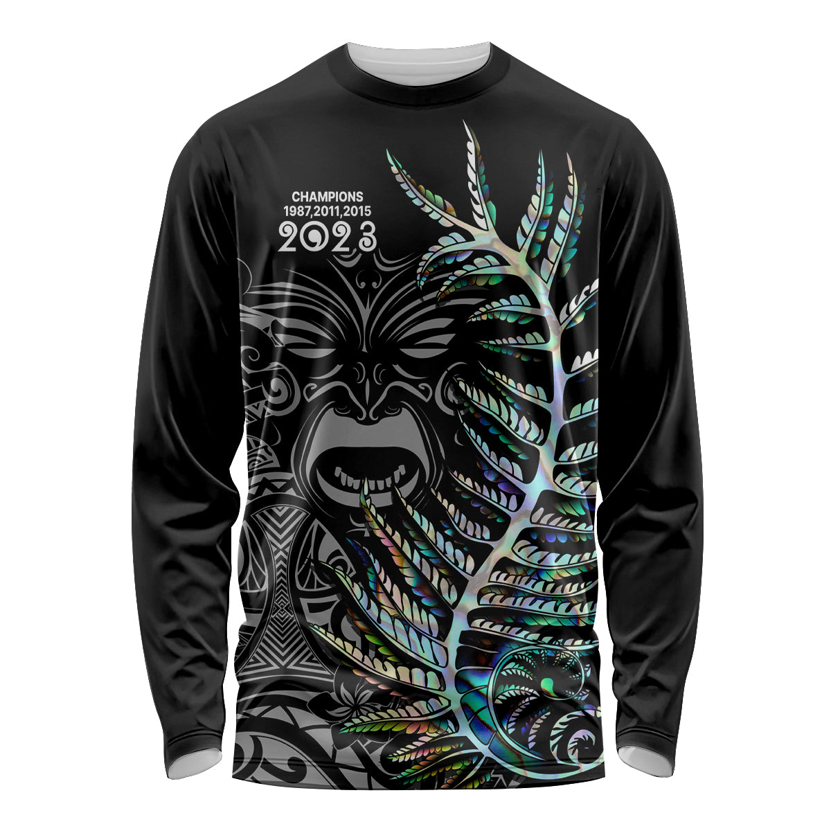 Custom New Zealand Rugby Long Sleeve Shirt NZ Black Fern Champions History With Papua Shell LT9 Unisex Black - Polynesian Pride