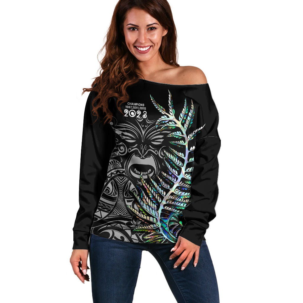 Custom New Zealand Rugby Off Shoulder Sweater NZ Black Fern Champions History With Papua Shell LT9 Women Black - Polynesian Pride