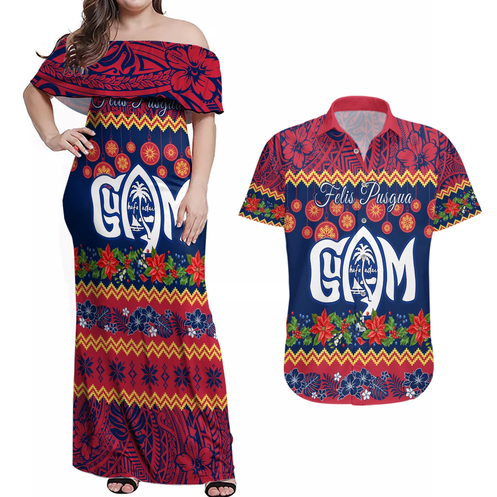 Personalised Guam Christmas Couples Matching Off Shoulder Maxi Dress and Hawaiian Shirt Felis Pusgua Santa Beach Polynesian Pattern LT9 Blue - Polynesian Pride