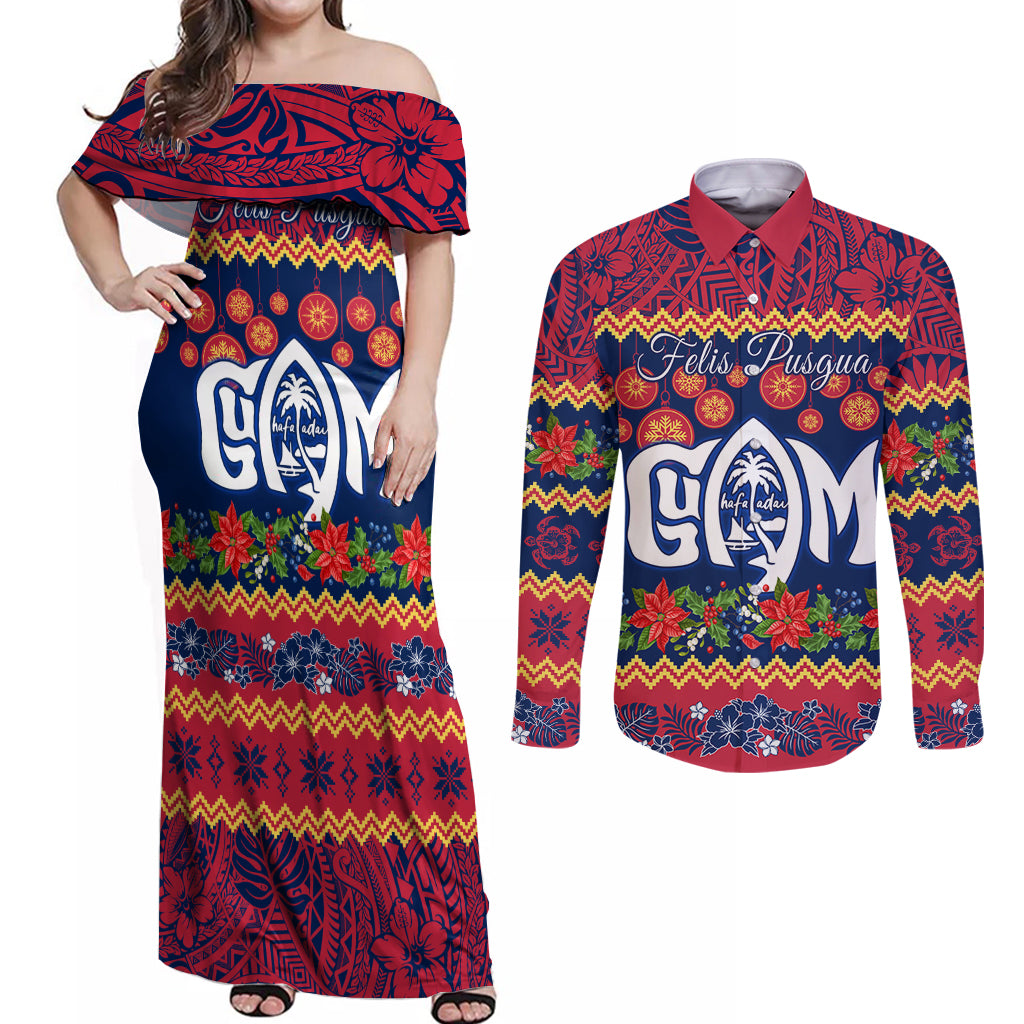 Personalised Guam Christmas Couples Matching Off Shoulder Maxi Dress and Long Sleeve Button Shirt Felis Pusgua Santa Beach Polynesian Pattern LT9 Blue - Polynesian Pride