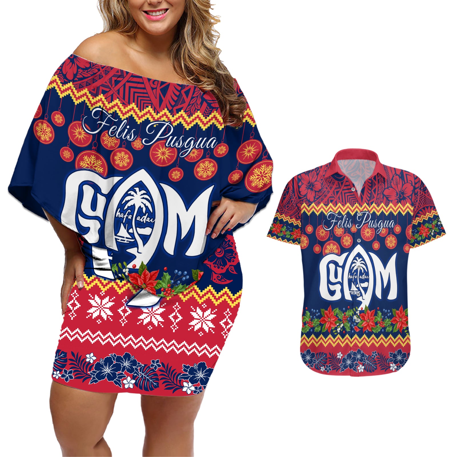 Personalised Guam Christmas Couples Matching Off Shoulder Short Dress and Hawaiian Shirt Felis Pusgua Santa Beach Polynesian Pattern LT9 Blue - Polynesian Pride