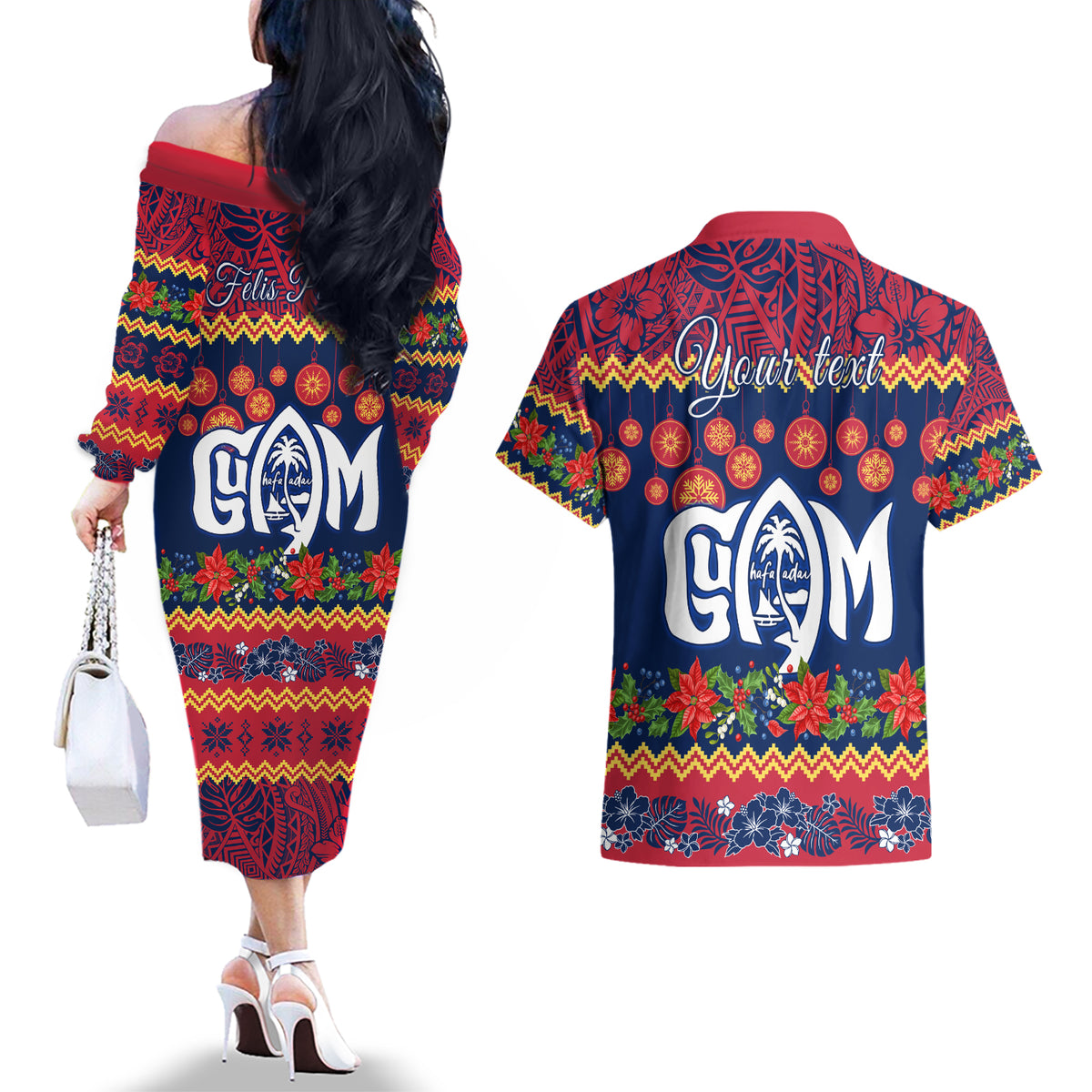 Personalised Guam Christmas Couples Matching Off The Shoulder Long Sleeve Dress and Hawaiian Shirt Felis Pusgua Santa Beach Polynesian Pattern LT9 - Polynesian Pride