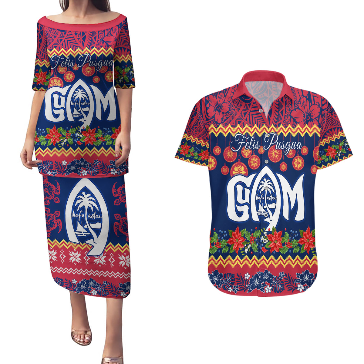 Personalised Guam Christmas Couples Matching Puletasi Dress and Hawaiian Shirt Felis Pusgua Santa Beach Polynesian Pattern LT9 Blue - Polynesian Pride