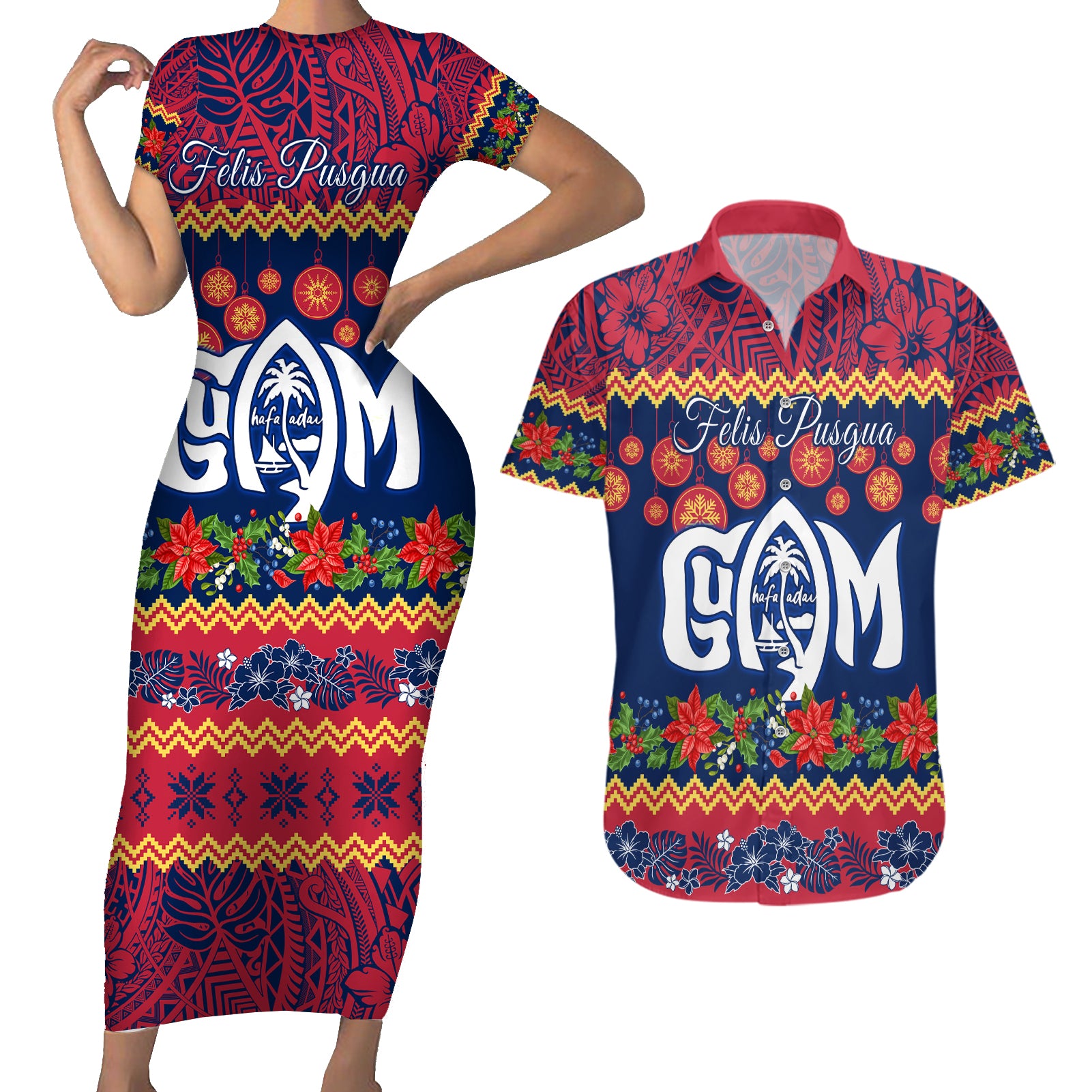 Personalised Guam Christmas Couples Matching Short Sleeve Bodycon Dress and Hawaiian Shirt Felis Pusgua Santa Beach Polynesian Pattern LT9 Blue - Polynesian Pride