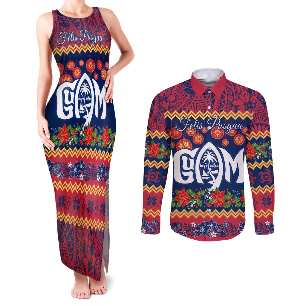 Personalised Guam Christmas Couples Matching Tank Maxi Dress and Long Sleeve Button Shirt Felis Pusgua Santa Beach Polynesian Pattern LT9 Blue - Polynesian Pride