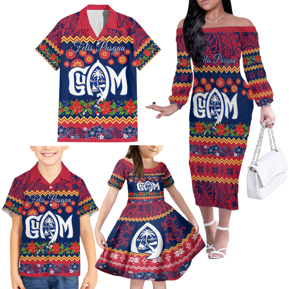 Personalised Guam Christmas Family Matching Off Shoulder Long Sleeve Dress and Hawaiian Shirt Felis Pusgua Santa Beach Polynesian Pattern LT9 - Polynesian Pride