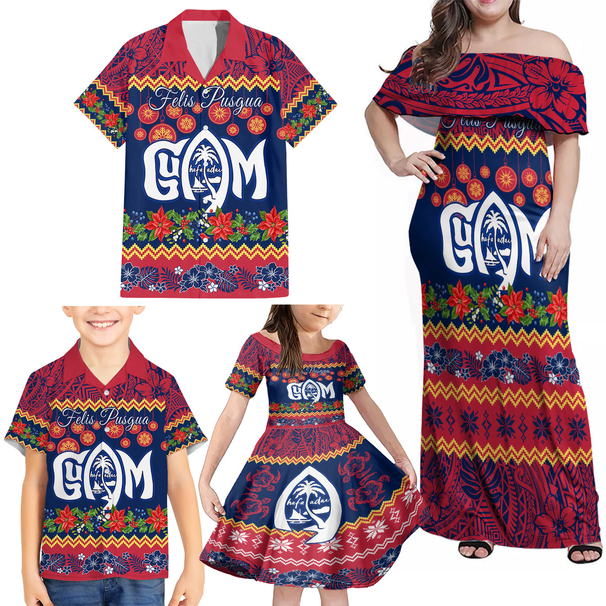 Personalised Guam Christmas Family Matching Off Shoulder Maxi Dress and Hawaiian Shirt Felis Pusgua Santa Beach Polynesian Pattern LT9 - Polynesian Pride