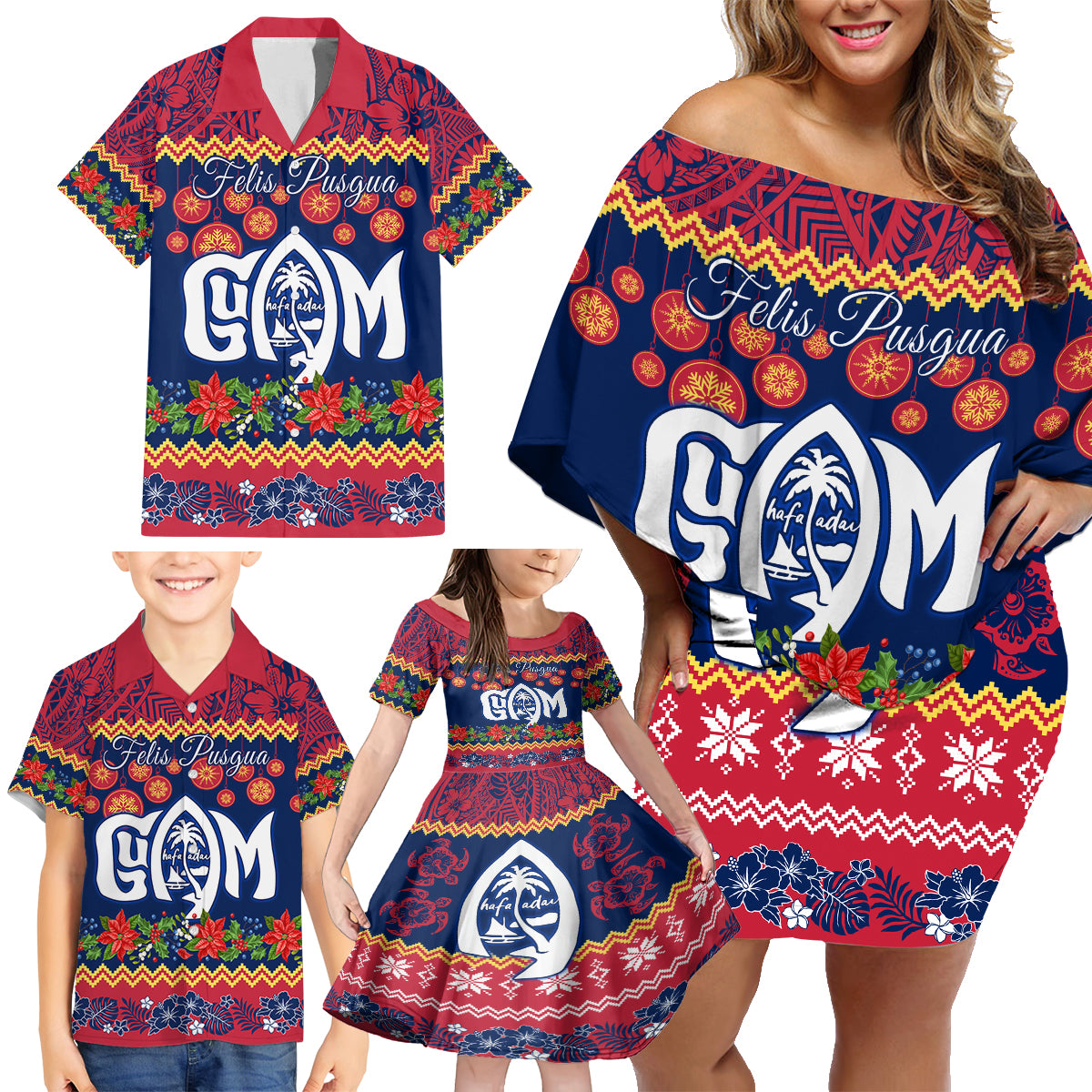 Personalised Guam Christmas Family Matching Off Shoulder Short Dress and Hawaiian Shirt Felis Pusgua Santa Beach Polynesian Pattern LT9 - Polynesian Pride