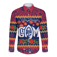 Personalised Guam Christmas Long Sleeve Button Shirt Felis Pusgua Santa Beach Polynesian Pattern LT9 Unisex Blue - Polynesian Pride
