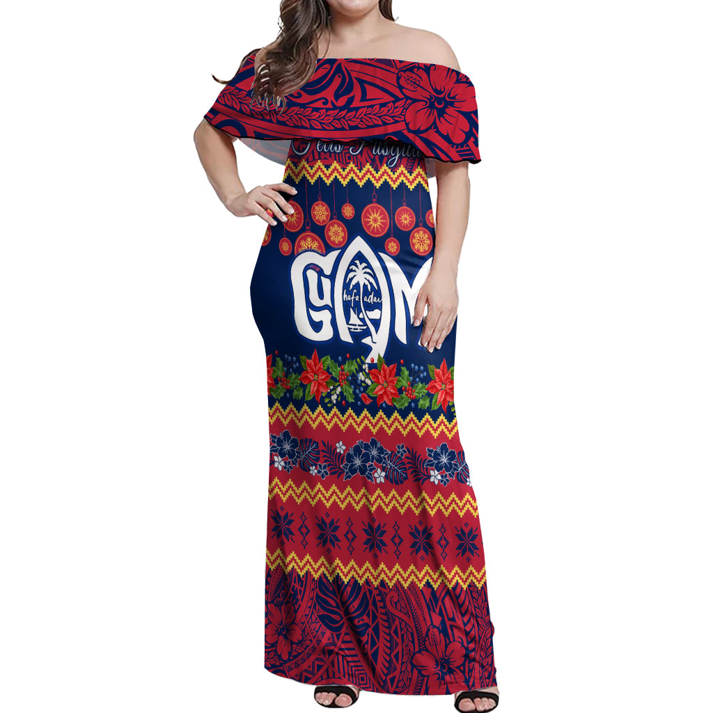 Personalised Guam Christmas Off Shoulder Maxi Dress Felis Pusgua Santa Beach Polynesian Pattern LT9 Women Blue - Polynesian Pride