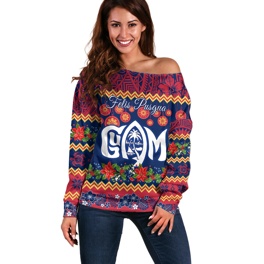 Personalised Guam Christmas Off Shoulder Sweater Felis Pusgua Santa Beach Polynesian Pattern LT9 Women Blue - Polynesian Pride