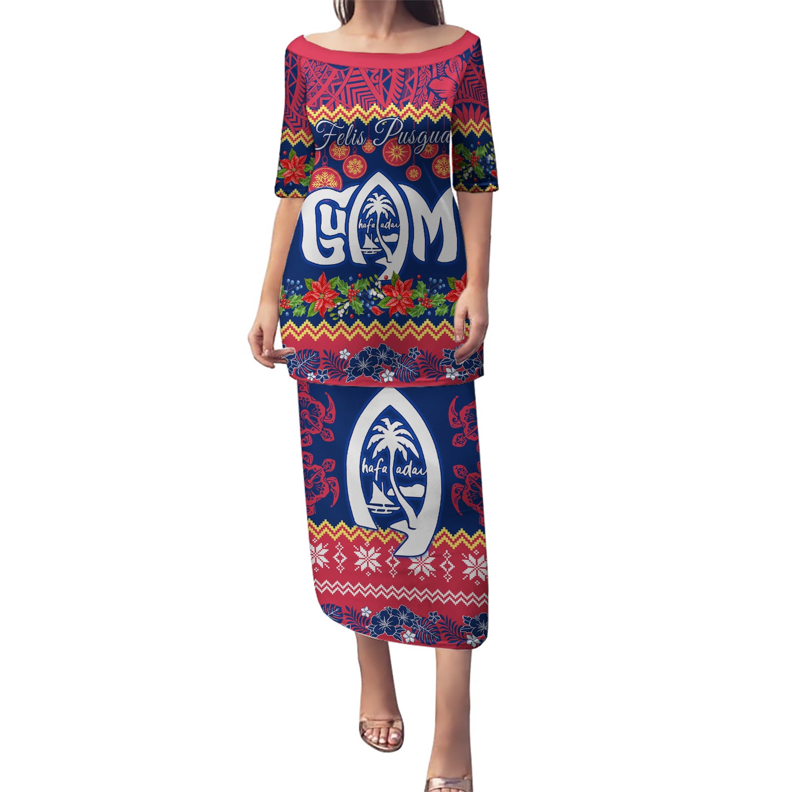 Personalised Guam Christmas Puletasi Felis Pusgua Santa Beach Polynesian Pattern LT9 Long Dress Blue - Polynesian Pride