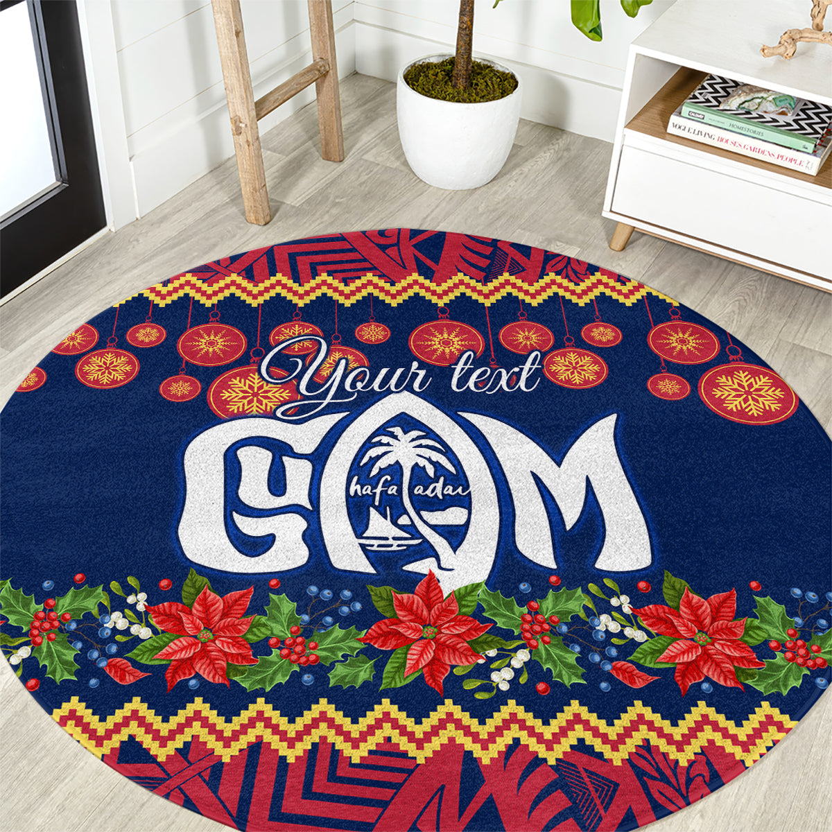 Personalised Guam Christmas Round Carpet Felis Pusgua Santa Beach Polynesian Pattern LT9 Blue - Polynesian Pride