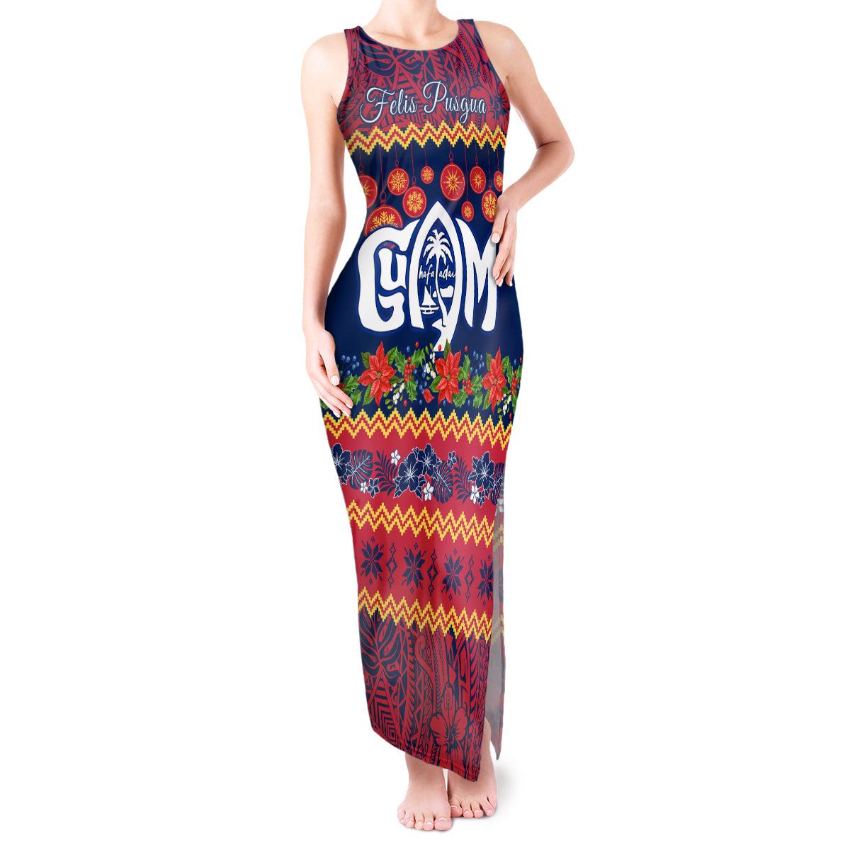 Personalised Guam Christmas Tank Maxi Dress Felis Pusgua Santa Beach Polynesian Pattern LT9 Women Blue - Polynesian Pride