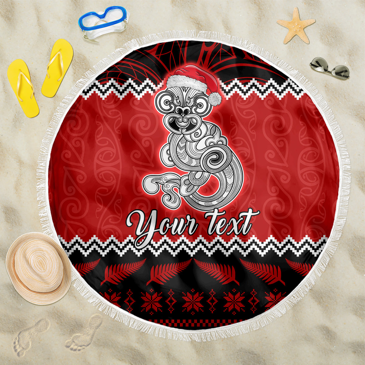 Personalised New Zealand Christmas Beach Blanket Maori Tiki Meri Kirihimete LT9 One Size 150cm Red - Polynesian Pride