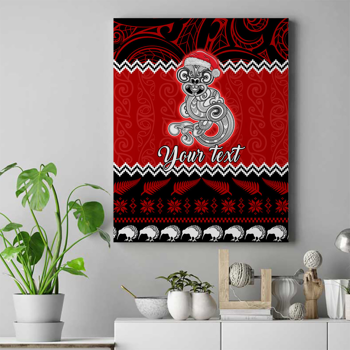 Personalised New Zealand Christmas Canvas Wall Art Maori Tiki Meri Kirihimete LT9 Red - Polynesian Pride