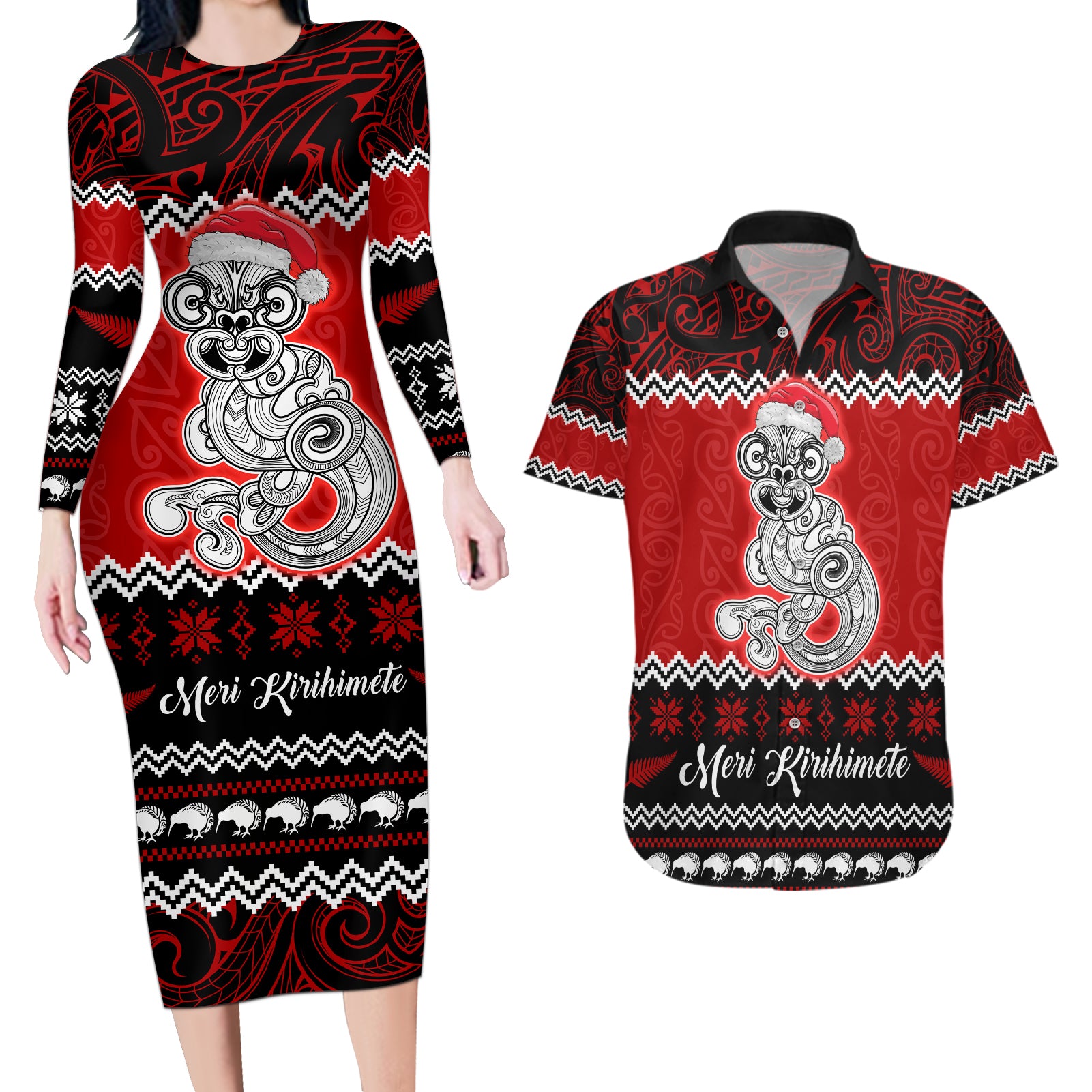 Personalised New Zealand Christmas Couples Matching Long Sleeve Bodycon Dress and Hawaiian Shirt Maori Tiki Meri Kirihimete LT9 Red - Polynesian Pride